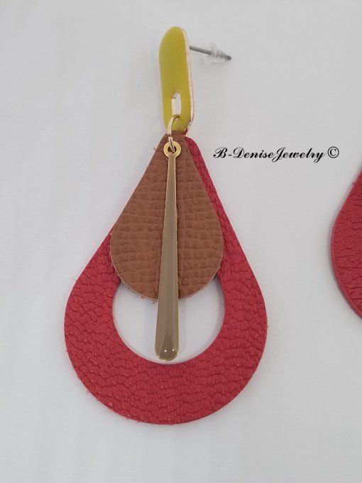 Original boucles Puce oval en résine !! TEARDROPS !! en cuir Rouge marron jaune T:6.5cm x 3.5cm 