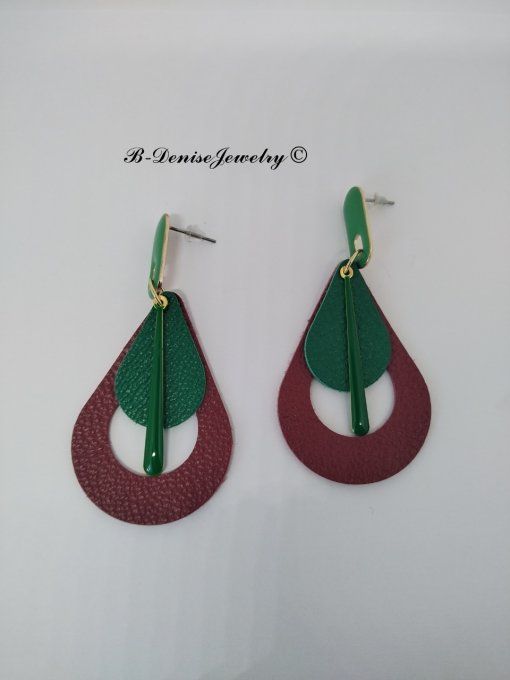 Original boucles Puce oval en résine !! TEARDROPS !! en cuir Rouge Vert T:6.5cm x 3.5cm so chic 