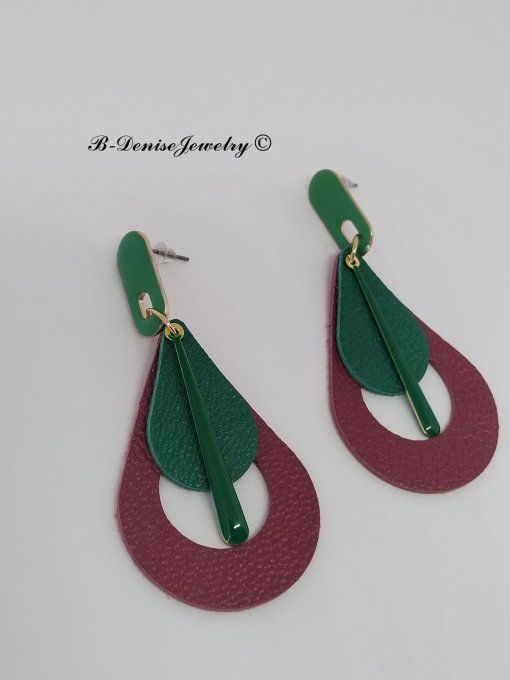 Original boucles Puce oval en résine !! TEARDROPS !! en cuir Rouge Vert T:6.5cm x 3.5cm so chic 