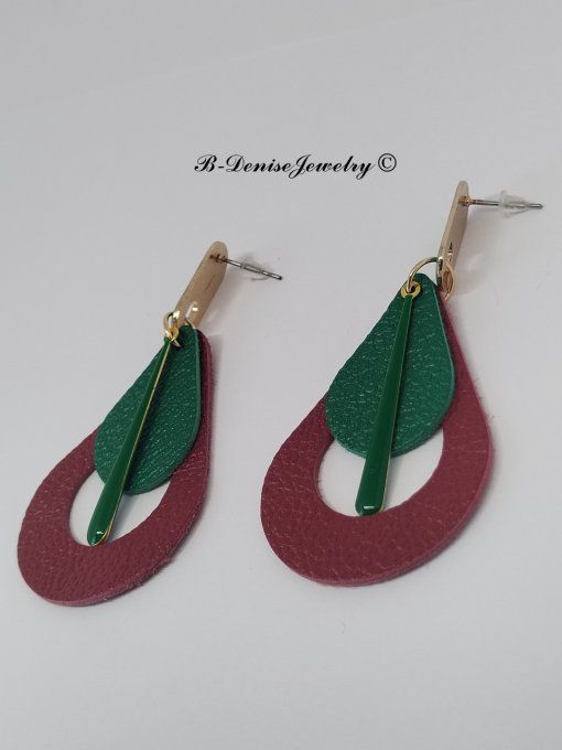 Original boucles Puce oval en résine !! TEARDROPS !! en cuir Rouge Vert T:6.5cm x 3.5cm so chic 
