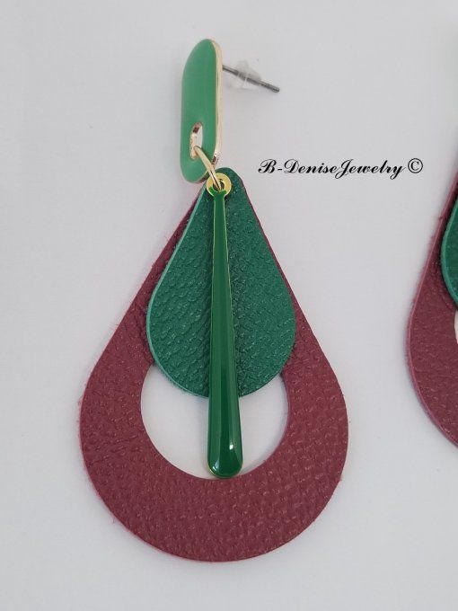 Original boucles Puce oval en résine !! TEARDROPS !! en cuir Rouge Vert T:6.5cm x 3.5cm so chic 