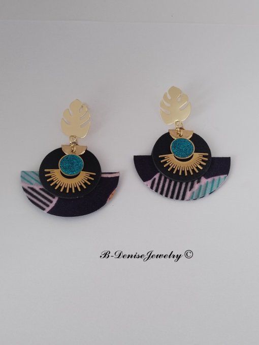 Original boucles Puce Monstera Plaque Or 18KT !!MOONLIGHT SUN!! En Cuir Resine tissu wax T:5cm x 6cm