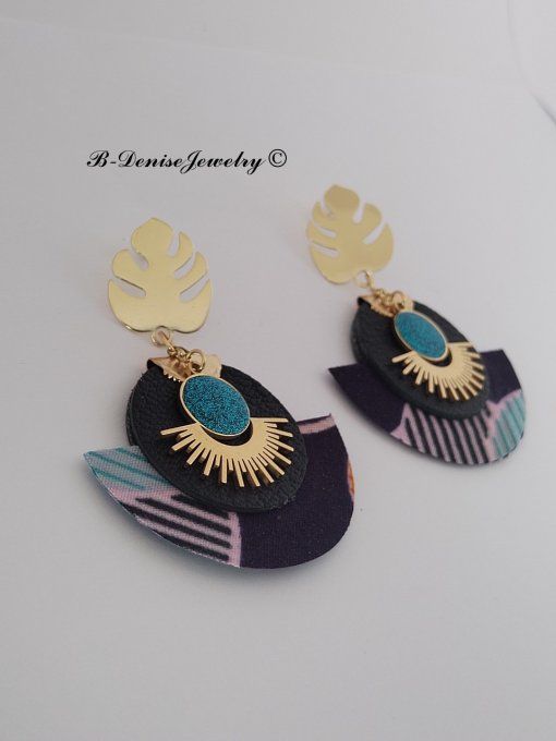Original boucles Puce Monstera Plaque Or 18KT !!MOONLIGHT SUN!! En Cuir Resine tissu wax T:5cm x 6cm