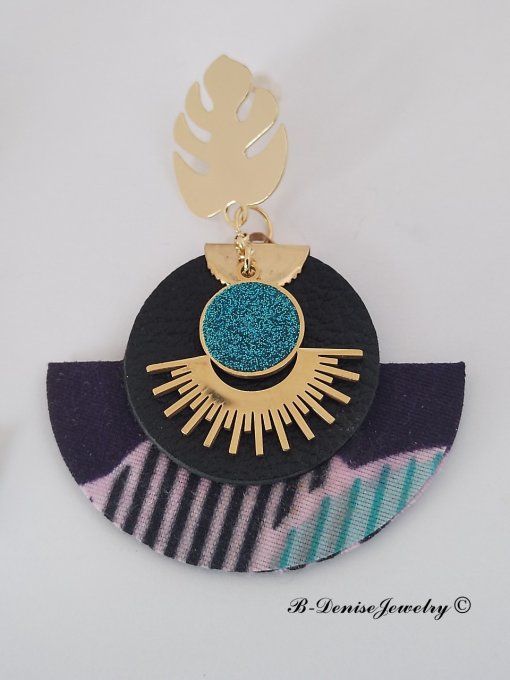 Original boucles Puce Monstera Plaque Or 18KT !!MOONLIGHT SUN!! En Cuir Resine tissu wax T:5cm x 6cm
