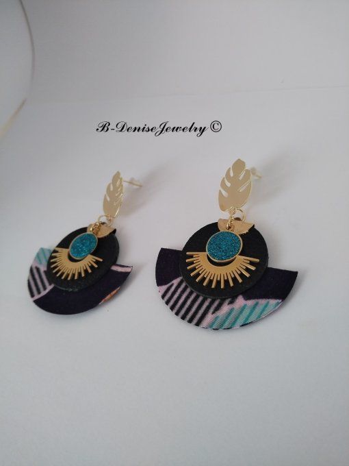 Original boucles Puce Monstera Plaque Or 18KT !!MOONLIGHT SUN!! En Cuir Resine tissu wax T:5cm x 6cm