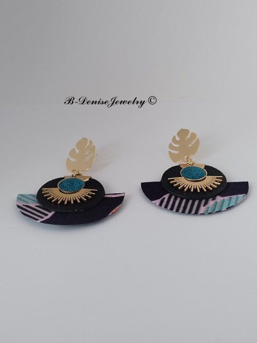 Original boucles Puce Monstera Plaque Or 18KT !!MOONLIGHT SUN!! En Cuir Resine tissu wax T:5cm x 6cm