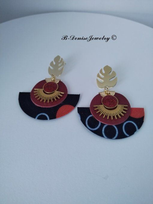 Original boucles Puce Monstera Plaque Or 18KT !!MOONLIGHT SUN!! En Cuir Resine tissu wax T:5cm x 6cm