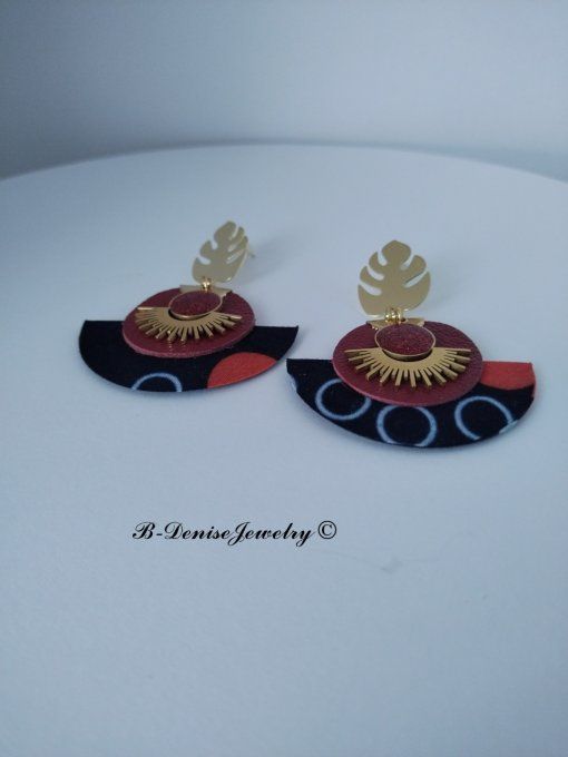 Original boucles Puce Monstera Plaque Or 18KT !!MOONLIGHT SUN!! En Cuir Resine tissu wax T:5cm x 6cm