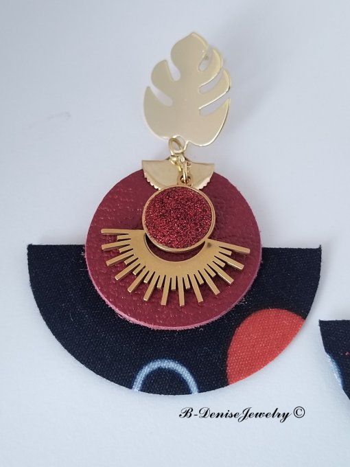 Original boucles Puce Monstera Plaque Or 18KT !!MOONLIGHT SUN!! En Cuir Resine tissu wax T:5cm x 6cm