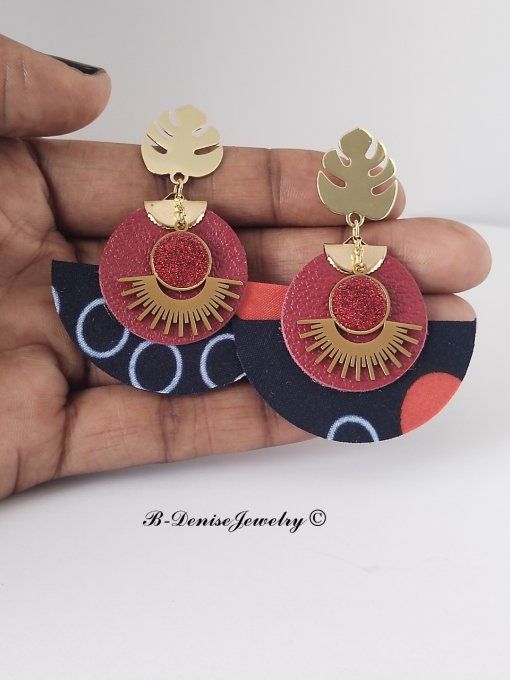 Original boucles Puce Monstera Plaque Or 18KT !!MOONLIGHT SUN!! En Cuir Resine tissu wax T:5cm x 6cm