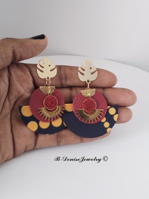 Original boucles Puce Monstera Plaque Or 18KT !!MOONLIGHT SUN!! En Cuir Resine tissu wax T:5cm x 6cm