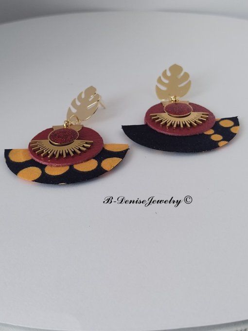 Original boucles Puce Monstera Plaque Or 18KT !!MOONLIGHT SUN!! En Cuir Resine tissu wax T:5cm x 6cm