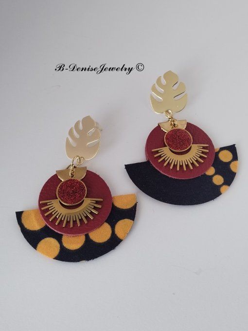 Original boucles Puce Monstera Plaque Or 18KT !!MOONLIGHT SUN!! En Cuir Resine tissu wax T:5cm x 6cm