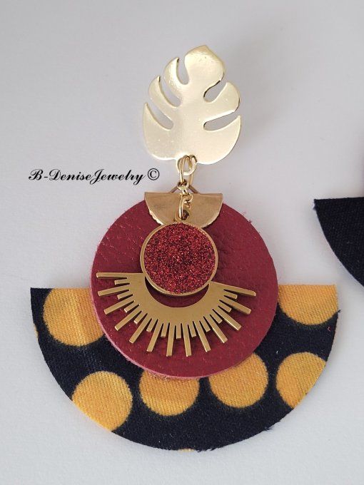 Original boucles Puce Monstera Plaque Or 18KT !!MOONLIGHT SUN!! En Cuir Resine tissu wax T:5cm x 6cm