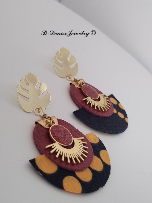 Original boucles Puce Monstera Plaque Or 18KT !!MOONLIGHT SUN!! En Cuir Resine tissu wax T:5cm x 6cm