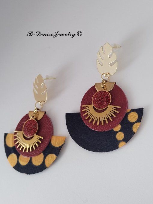 Original boucles Puce Monstera Plaque Or 18KT !!MOONLIGHT SUN!! En Cuir Resine tissu wax T:5cm x 6cm