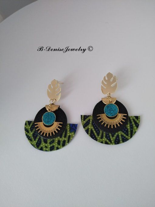 Original boucles Puce Monstera Plaque Or 18KT !!MOONLIGHT SUN!! En Cuir Resine tissu wax T:5cm x 6cm