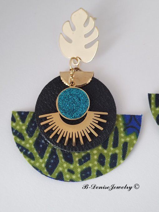 Original boucles Puce Monstera Plaque Or 18KT !!MOONLIGHT SUN!! En Cuir Resine tissu wax T:5cm x 6cm