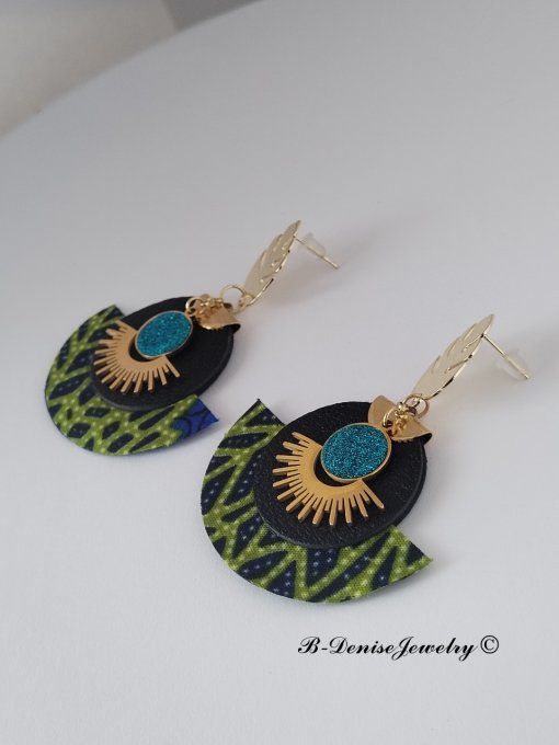 Original boucles Puce Monstera Plaque Or 18KT !!MOONLIGHT SUN!! En Cuir Resine tissu wax T:5cm x 6cm
