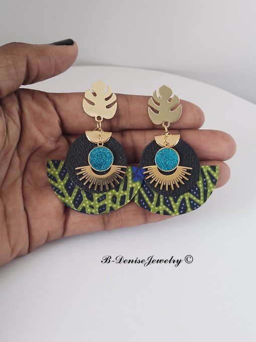 Original boucles Puce Monstera Plaque Or 18KT !!MOONLIGHT SUN!! En Cuir Resine tissu wax T:5cm x 6cm