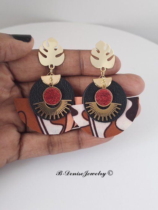 Original boucles Puce Monstera Plaque Or 18KT !!MOONLIGHT SUN!! En Cuir Resine tissu wax T:5cm x 6cm
