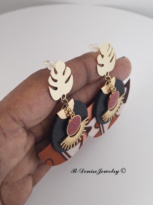 Original boucles Puce Monstera Plaque Or 18KT !!MOONLIGHT SUN!! En Cuir Resine tissu wax T:5cm x 6cm