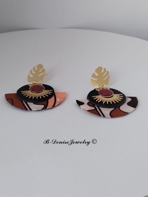 Original boucles Puce Monstera Plaque Or 18KT !!MOONLIGHT SUN!! En Cuir Resine tissu wax T:5cm x 6cm