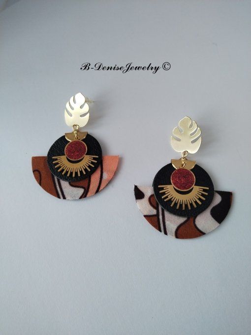 Original boucles Puce Monstera Plaque Or 18KT !!MOONLIGHT SUN!! En Cuir Resine tissu wax T:5cm x 6cm