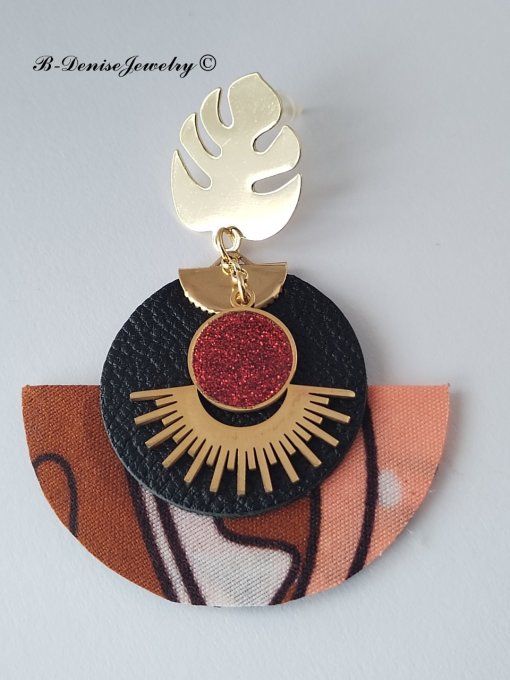 Original boucles Puce Monstera Plaque Or 18KT !!MOONLIGHT SUN!! En Cuir Resine tissu wax T:5cm x 6cm