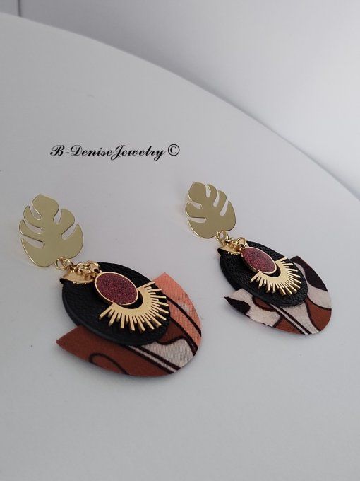 Original boucles Puce Monstera Plaque Or 18KT !!MOONLIGHT SUN!! En Cuir Resine tissu wax T:5cm x 6cm