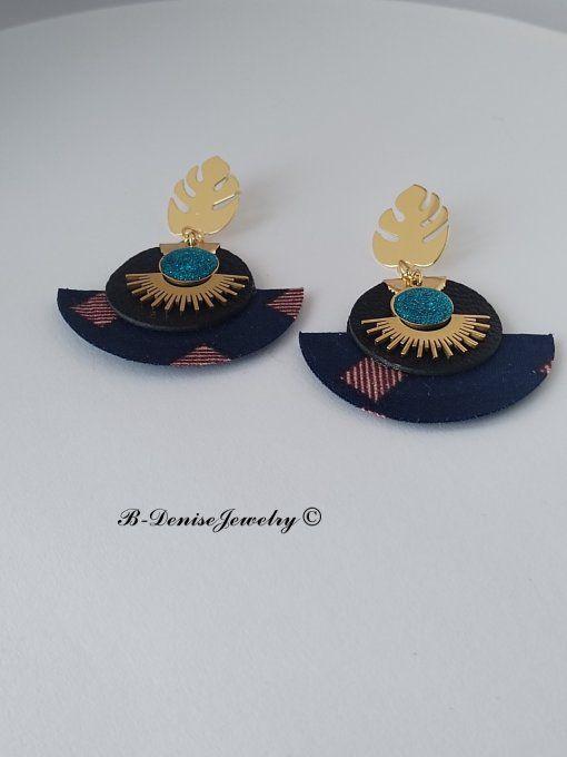 Original boucles Puce Monstera Plaque Or 18KT !!MOONLIGHT SUN!! En Cuir Resine tissu wax T:5cm x 6cm