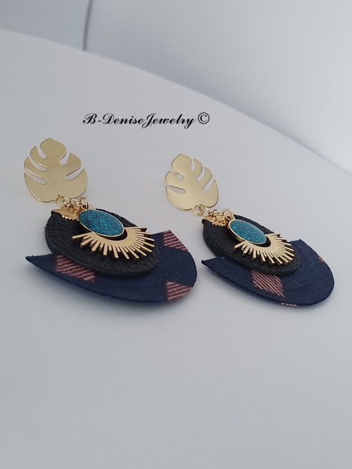 Original boucles Puce Monstera Plaque Or 18KT !!MOONLIGHT SUN!! En Cuir Resine tissu wax T:5cm x 6cm