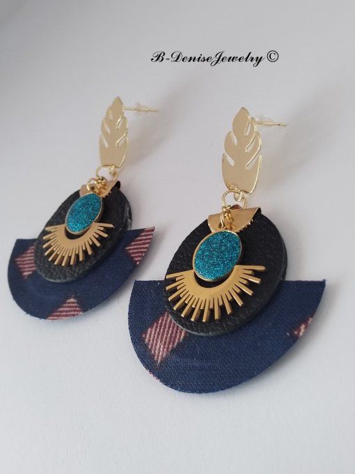 Original boucles Puce Monstera Plaque Or 18KT !!MOONLIGHT SUN!! En Cuir Resine tissu wax T:5cm x 6cm