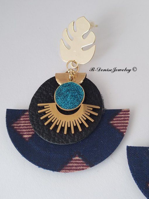 Original boucles Puce Monstera Plaque Or 18KT !!MOONLIGHT SUN!! En Cuir Resine tissu wax T:5cm x 6cm