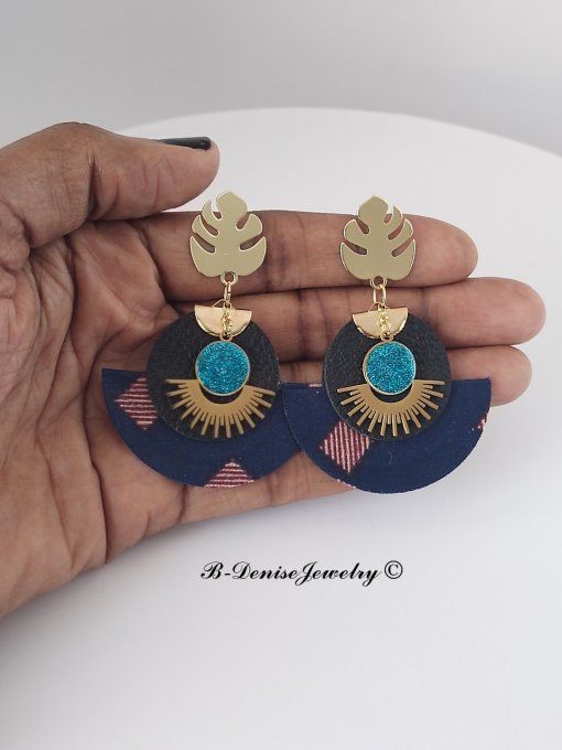 Original boucles Puce Monstera Plaque Or 18KT !!MOONLIGHT SUN!! En Cuir Resine tissu wax T:5cm x 6cm