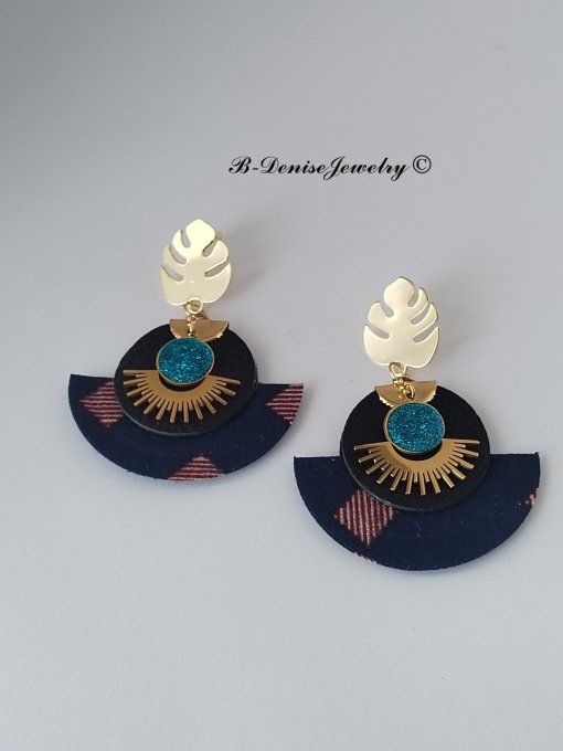 Original boucles Puce Monstera Plaque Or 18KT !!MOONLIGHT SUN!! En Cuir Resine tissu wax T:5cm x 6cm