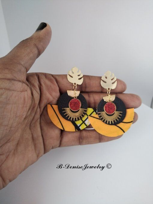 Original boucles Puce Monstera Plaque Or 18KT !!MOONLIGHT SUN!! En Cuir Resine tissu wax T:5cm x 6cm