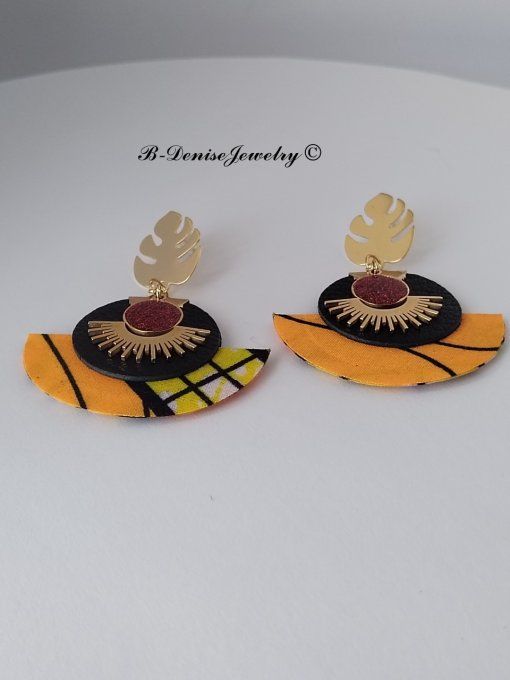 Original boucles Puce Monstera Plaque Or 18KT !!MOONLIGHT SUN!! En Cuir Resine tissu wax T:5cm x 6cm
