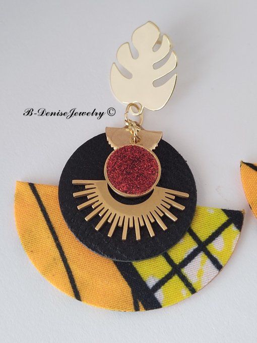 Original boucles Puce Monstera Plaque Or 18KT !!MOONLIGHT SUN!! En Cuir Resine tissu wax T:5cm x 6cm