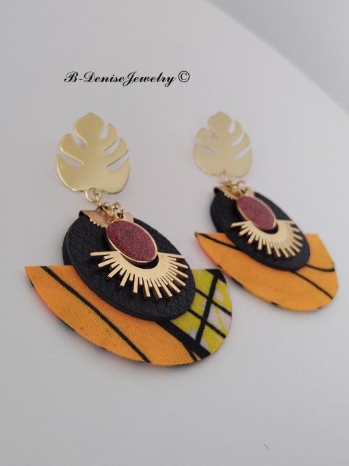 Original boucles Puce Monstera Plaque Or 18KT !!MOONLIGHT SUN!! En Cuir Resine tissu wax T:5cm x 6cm