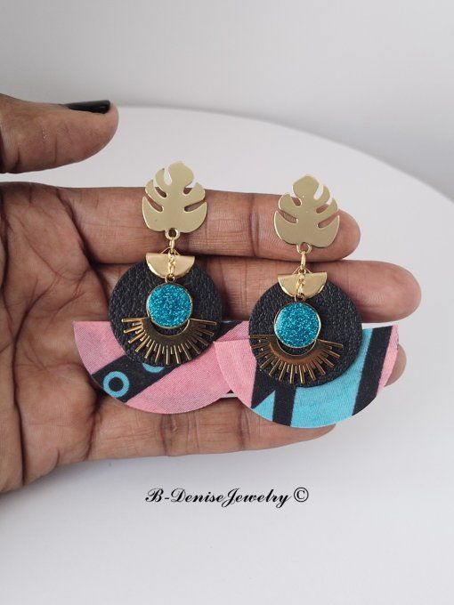 Original boucles Puce Monstera Plaque Or 18KT !!MOONLIGHT SUN!! En Cuir Resine tissu wax T:5cm x 6cm