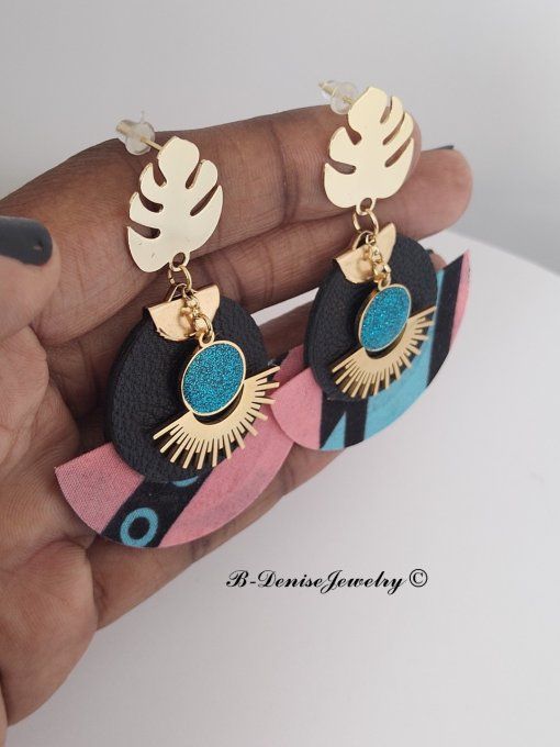 Original boucles Puce Monstera Plaque Or 18KT !!MOONLIGHT SUN!! En Cuir Resine tissu wax T:5cm x 6cm