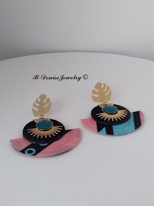 Original boucles Puce Monstera Plaque Or 18KT !!MOONLIGHT SUN!! En Cuir Resine tissu wax T:5cm x 6cm