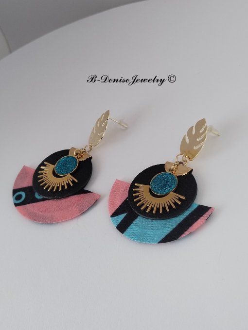 Original boucles Puce Monstera Plaque Or 18KT !!MOONLIGHT SUN!! En Cuir Resine tissu wax T:5cm x 6cm