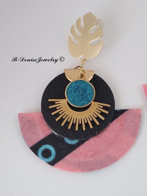 Original boucles Puce Monstera Plaque Or 18KT !!MOONLIGHT SUN!! En Cuir Resine tissu wax T:5cm x 6cm