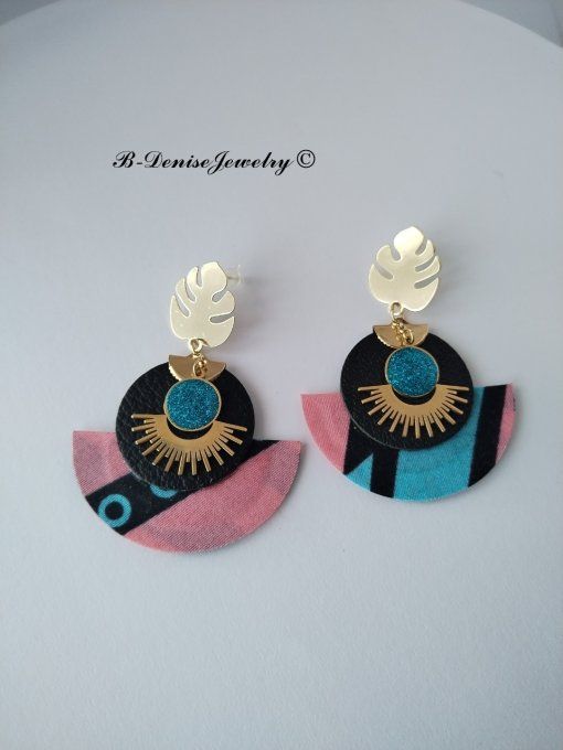 Original boucles Puce Monstera Plaque Or 18KT !!MOONLIGHT SUN!! En Cuir Resine tissu wax T:5cm x 6cm