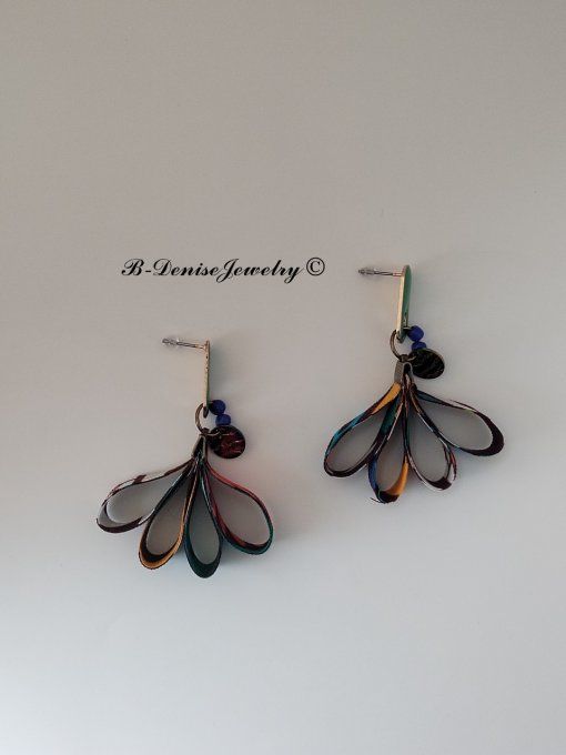 Original boucles Puce en resine !!DIAMOND FLOWER DROP !! En Acier Resine tissu wax T:3.5cm x 6.5cm  