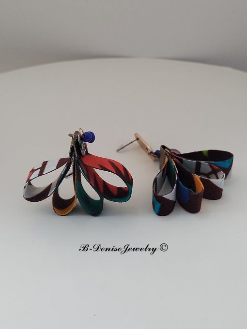 Original boucles Puce en resine !!DIAMOND FLOWER DROP !! En Acier Resine tissu wax T:3.5cm x 6.5cm  