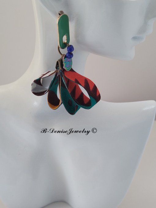 Original boucles Puce en resine !!DIAMOND FLOWER DROP !! En Acier Resine tissu wax T:3.5cm x 6.5cm  