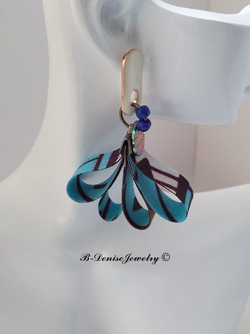 Original boucles Puce en resine !!DIAMOND FLOWER DROP !! En Acier Resine tissu wax T:3.5cm x 6.5cm  